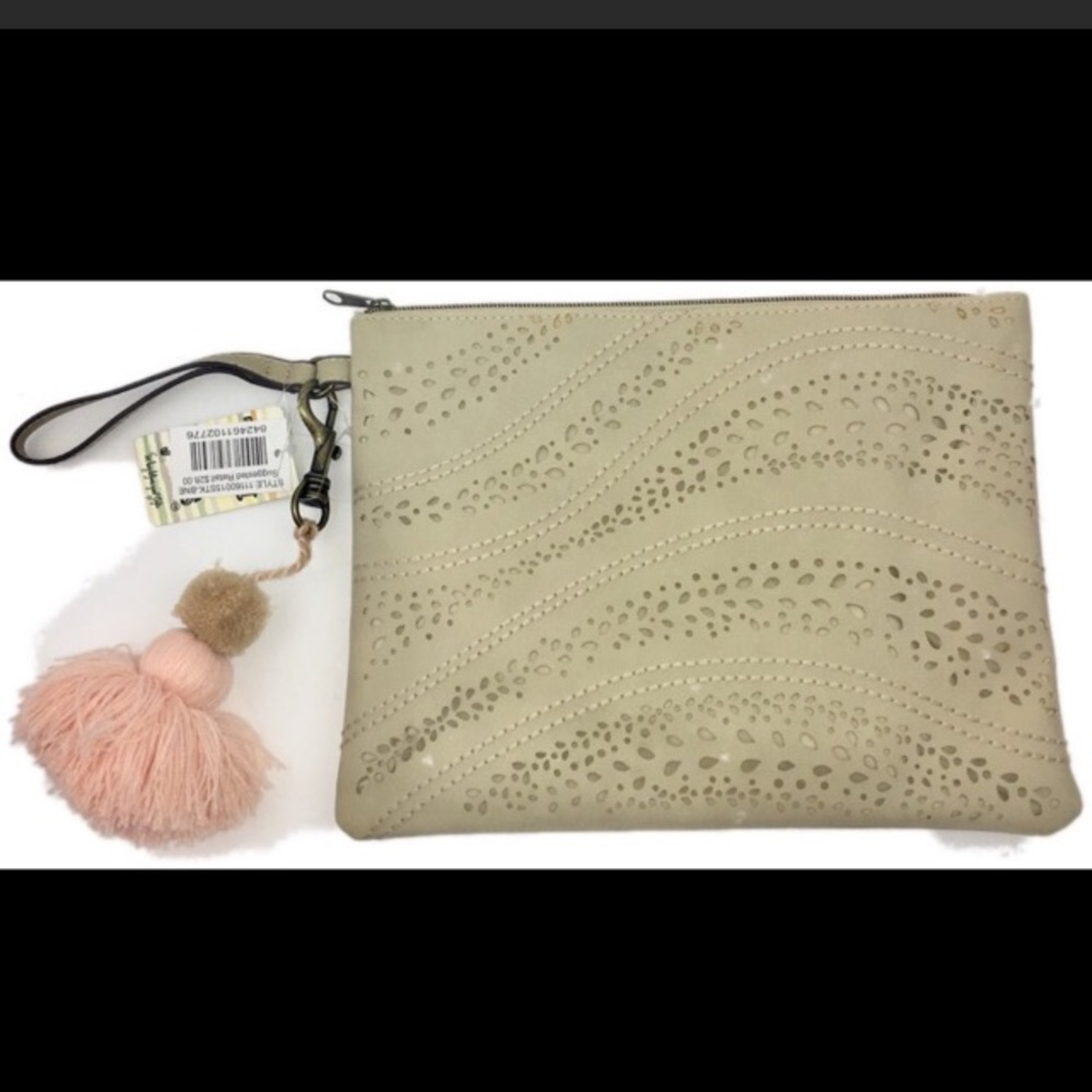 BOHO nude wristlet clutch Pom Pom